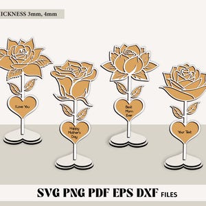 Stehende Rose SVG, drei geschichtete Rose & Herz mit Ständer Laser geschnittene Dateien svg, Muttertag Personalisierbare 3D Holzrose, Mum Rose Laser Cut