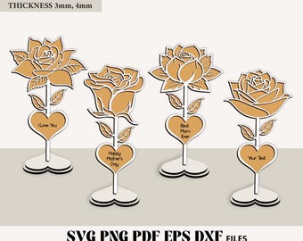 Standing Rose SVG, Three Layered Rose & Heart With Stand Laser Cut files svg, Mothers Day Personalizable 3D Wooden Rose, Mum Rose Laser Cut
