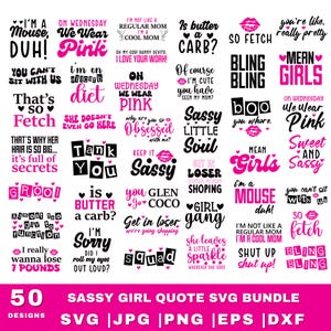 Pu&ograve; includere: Un pacchetto di design digitale con 50 citazioni di ragazze sfacciate in rosa e nero. Le citazioni includono frasi come "So Fetch" e "Mean Girls". Il pacchetto include file SVG, JPG, PNG, EPS e DXF.