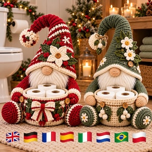 May include: Two crocheted gnome toilet paper holders. The left gnome is red and white with a poinsettia and berries. The right gnome is green and white with white flowers. Both have long white beards and hold baskets for toilet paper rolls.