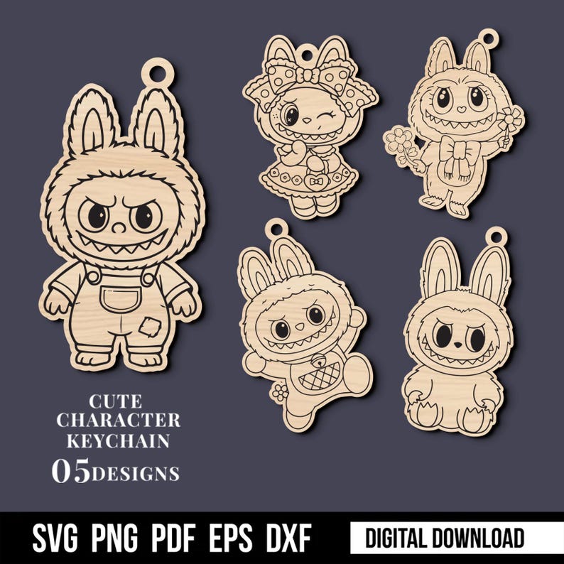 May include: Wooden keychains featuring cute monster bunny characters in various poses. The keychains have a light brown wood grain finish and are laser cut. Text on the image reads "CUTE CHARACTER KEYCHAIN 05 DESIGNS" and "SVG PNG PDF EPS DXF DIGITAL DOWNLOAD".