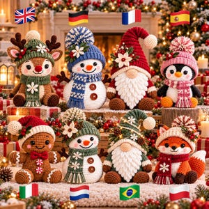 May include: A collection of eight crocheted plush figures including a reindeer, two snowmen, two gnomes, a penguin, a gingerbread person, and a fox. Each figure wears a winter hat and scarf adorned with small white snowflake or floral accents.