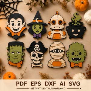 Può includere: Un set di otto sagome in legno a strati a tema Halloween che includono un vampiro, una strega, un robot, un calderone, Frankenstein, un teschio pirata, una mummia e una creatura. Il testo in basso recita PDF EPS DXF AI SVG INSTANT DIGITAL DOWNLOAD.