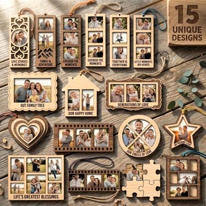 Könnte beinhalten: Eine Sammlung von 15 einzigartigen Foto-Anhängern aus Holz in verschiedenen Formen wie Rechtecken, Herzen, Sternen und Puzzleteilen. Jeder Anhänger verfügt über lasergeschnittene Designs, Aufhängeschlaufen und gedruckten Text wie Love Stories & Memories.