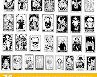 Horror Tarot Card SVG Bundle, Ghost Face, Clown, Slasher, Dreamer, Puppet, Camper Cut Files, Spooky Killer Clipart, Horror Halloween Png