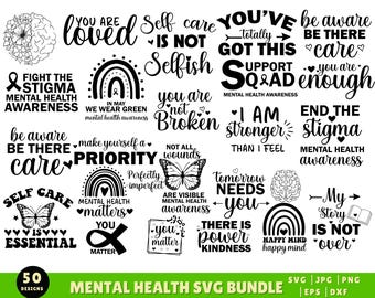 Paquete SVG de salud mental, descarga digital, autocuidado SVG, citas positivas SVG, salud mental PNG, regalo para amigos, archivos recortados Cricut
