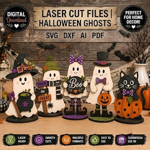 May include: Digital download laser cut files for Halloween ghosts, including SVG, DXF, AI, and PDF formats. The image displays five decorative ghost figures: one with a witch hat and broom, one with a sign, one with a bow, one with a top hat, and one with a black cat in a pumpkin.
