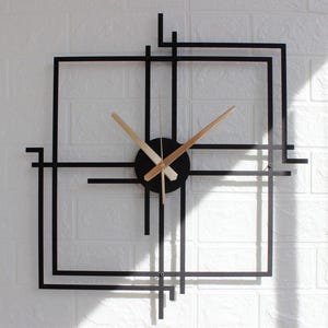 Modern Geometric Metal Wall Clock, Handmade Laser Cut Square Wall Art, Minimalist Silent Clock for Livingroom, Large Contemporary Wall Decor