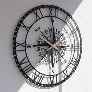 Orologio da Parete in Metallo con Compasso Unico e Numeri Romani, Orologio da Parete Extra Large, Orologio Silenzioso,