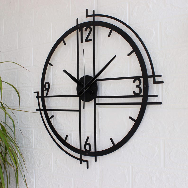 Intersecting Clock Modern Black Metal Wall Clock, Oversized Silent Geometric Wall Art ...