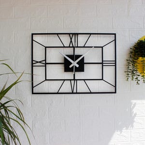 Large Metal Wall Clock, Modern Geometric Wall Decor, Minimalist Silent Clock, Black Rectangle Wall Art, Living Room Decor, Housewarming Gift