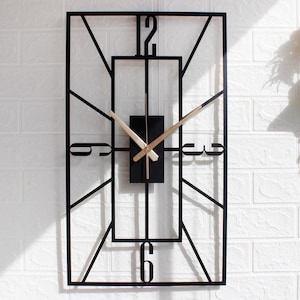 Rectangular Metal Wall Clock, Modern Geometric Wall Art, Silent Minimalist Black Wall Clock, Industrial Home Office Decor, Unique Gift Idea