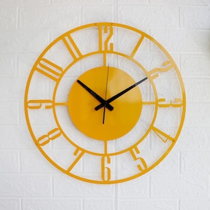 Large Metal Wall Clock, Silent Modern Numbered Clock, Black or Mustard Yellow Decor