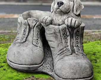 Concrete spaniel in boots statue Dog in shoe ornament Outdoor animal sculpture Stone pet decoration Memorial Cocker spaniel ornament Gift