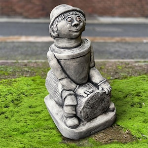 Boy sitting on log statue Concrete boy sculpture Outdoor cement figurine Cottage children ornament Stone boy decor Handmade boy Yard art