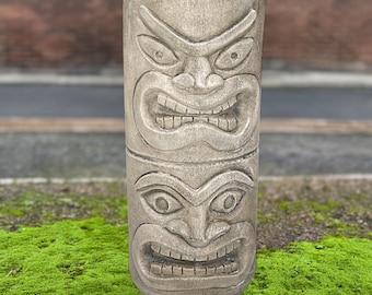 Rzeźba totemu tiki z betonu, plemienna kamienna statua, polinezyjska dekoracja twarzy, ręcznie robiona figurka z cementu, ozdoba ogrodowa na zewnątrz, egzotyczna sztuka na patio