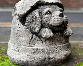 Funny spaniel under bucket statue Stone cocker spaniel garden decor Playful dog sculpture Cement spaniel figure Pet figurine Dog lover gift