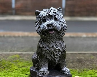 Escultura de perro Westie de hormigón, estatua de mascota para exteriores, adorno de cachorro Westie hecho a mano, decoración de patio para perros Terrier, figura de perro conmemorativa, regalo para amantes de los perros