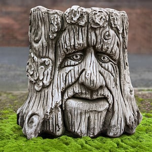 Puede incluir: Una escultura de tocón de árbol gris y desgastado con una cara tallada, que presenta una nariz larga, barba y cejas fruncidas. La escultura tiene una textura detallada de vetas de madera y está colocada sobre un lecho de musgo verde, creando una estética natural y rústica.