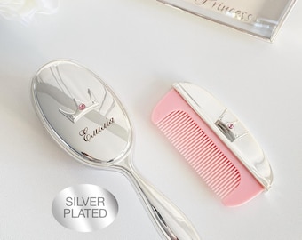 Custom Silver-Plated Baby Brush and Comb Set: Soft-Bristle Brush and Gentle Detangling Comb for Delicate Hair, Ideal Gift for Baby