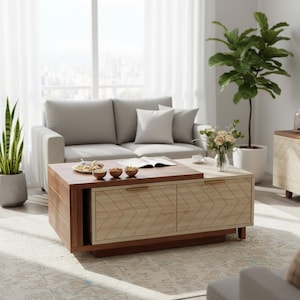 May include: A modern coffee table with a two-tone design. The top is a dark wood, while the front features a light wood with a chevron pattern. The table has two drawers with gold handles and sits on a low, dark wood base. The room includes a gray sofa and potted plants.