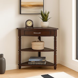 May include: A dark brown corner table with three triangular shelves and a drawer. A small clock, a potted plant, a woven basket, and books are displayed on the shelves. The table has turned legs and is placed in a corner.
