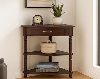 Corner Table Wood 3-Tier Triangle Side Table Corner Shelf Stand with Solid Wood Legs, 1 Drawer, and 2 Storage Shelves for Living Room