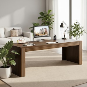 May include: A modern, dark brown wooden desk with a computer, lamp, and office supplies. The desk is in a well-lit room with a beige rug, a white sofa, and potted plants. The desk has a streamlined design with a built-in drawer.