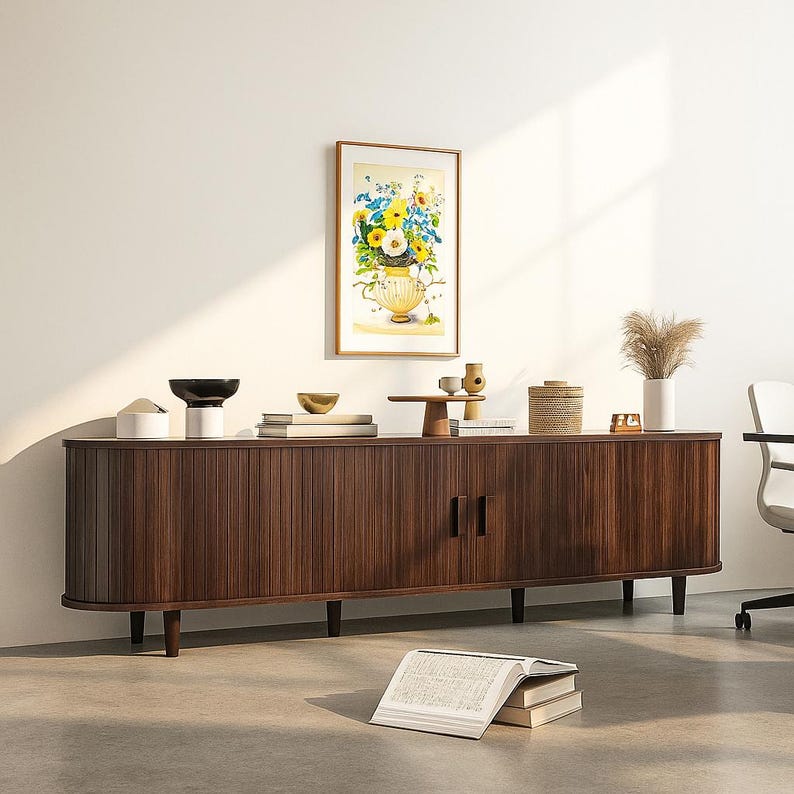 May include: A mid-century modern style dark wood cabinet with a ribbed front and two doors. The cabinet is adorned with decorative items, including a framed floral print, a black bowl, and a vase with dried flowers. A book lies open on the floor.