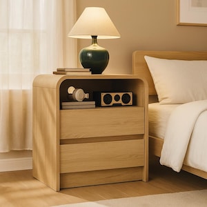 May include: A light wood-tone nightstand with two drawers and an open shelf. A green lamp with a cream shade sits on top, along with books. The shelf holds headphones and a small speaker. A bed with white bedding is in the background.