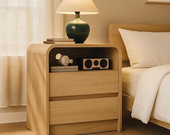 Modern Nightstand with Charging Station: Wooden Bedside Table with Drawers