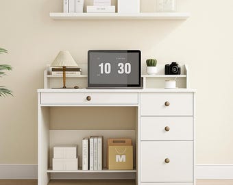 Computer Desk with Drawers and Hutch Shelf, 43" Wood Executive Writing Desk, Small Industrial Study Table for Home Office