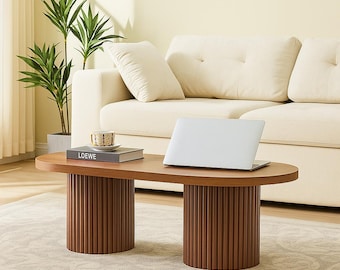 Oval Fluted Coffee Table 47" Wood Farmhouse Center Table, Mid Century Modern Boho Living Room Table for Home Decor