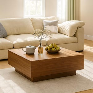 May include: A square, wooden coffee table with a warm brown finish. A gray teapot, a glass vase with flowers, and a bowl of green fruit sit on the table. A beige sofa and pillows are in the background.
