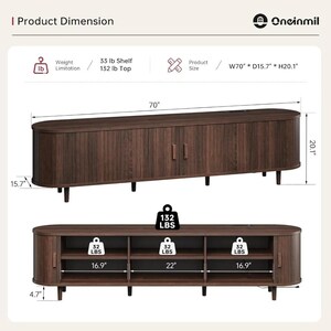 May include: A dark brown wooden media console with a curved design. It measures 70 inches long, 15.7 inches deep, and 20.1 inches high. The top can hold up to 132 lbs, and each shelf can hold 33 lbs.