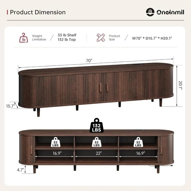 May include: A dark brown wooden media console with a curved design. It measures 70 inches long, 15.7 inches deep, and 20.1 inches high. The top can hold up to 132 lbs, and each shelf can hold 33 lbs.