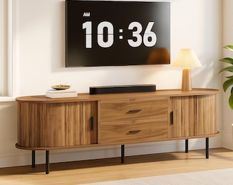 70" Mid-Century Modern TV Stand for 75" TVs, Fluted Entertainment Center with Sliding Doors, Drawers & Adjustable Shelves