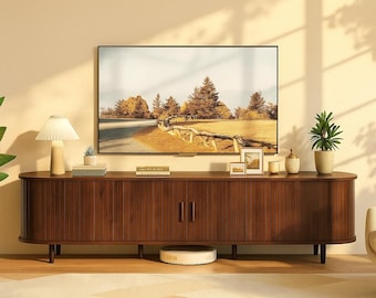 70" Mid Century Modern TV Stand, Wood Entertainment Center with Sliding Doors, Media Console Cabinet with Storage & Adjustable Shelves