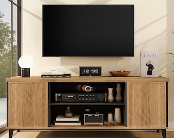 65" Modern TV Stand with LED Lights, Mid-Century Wooden Entertainment Center for 70" TVs, Storage Console with Shelves
