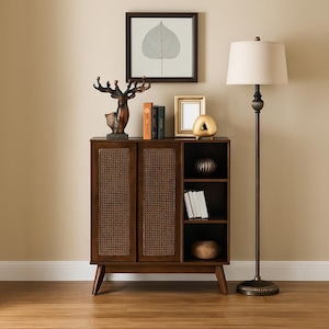 May include: A dark brown wooden cabinet with woven door panels and open shelving. A bronze deer sculpture, books, and decorative items sit on top. A floor lamp with a beige shade stands nearby, creating a warm, inviting atmosphere.