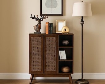 Mid Century Modern Storage Cabinet with Rattan Sliding Doors, Boho Wooden Sideboard Buffet with Open Shelves for Living Room or Dining Room