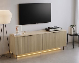 Fluted TV Stand with LED Light, 68" Mid-Century Modern Entertainment Center, Media Console with Storage, Fits 55–75" TVs