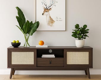 Rattan TV Stand for TVs – Mid Century Modern Media Console with Drawer and 2 Cabinets, Boho Style
