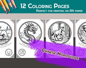 Páginas para colorear con el horóscopo chino y el zodíaco con 12 signos animales, regalo para niños, páginas para colorear imprimibles A4