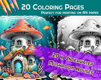 Dibujos para colorear de hongos bajo el agua, regalo artístico para niños, dibujos para colorear de casas de hongos, páginas para imprimir