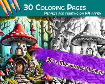 Dibujos para colorear de hongos de fantasía. Regalo artístico para niños. Dibujos para colorear de casas de hongos. Páginas para imprimir