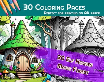 Dibujos para colorear de fantasía, regalo artístico para niños, páginas para colorear e imprimir de casas de elfos