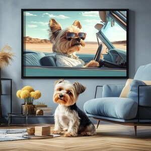 Yorkshire Terrier hond kunst aan de muur, hond autorijden, kinderkamer print, schattige hond poster, grappige hond in cabrio, hondenliefhebber cadeau idee