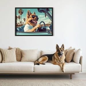 Duitse herdershond kunst aan de muur, hond autorijden, kinderkamer print, poster schattige hond, grappige hond in cabrio, hondenliefhebber cadeau-idee, kerstcadeau