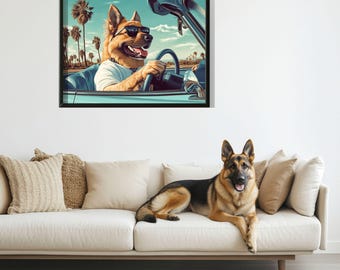 German Shepherd Dog Wall Art, Dog Driving a Car, Kids Room Print, Cute Dog Poster, Funny Dog in Cabrio,  Dog Lover Gift Idea, Christmas Gift